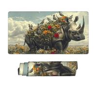 Large Gaming Mouse Pad - Floral Rhino with Birds Rubber Base Desk Mat, Desk Pad with Stitched Edges, Mousepad for Laptop, PC Keyboard Mouse Mat for Work Game Office 16x29.5in