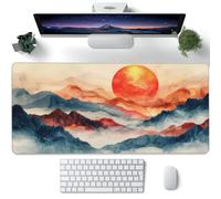 Large Gaming Mouse Pad for Desk,Watercolor Mountains and Sun Desk Mat,Abstract Golden Line Arts Desk Pad,Extended Big Computer Keyboard Mouse Pad with Non-Slip Base Stitched Edges 35.4"x15.7"