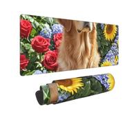Large Gaming Mouse Pad Golden Retriever and Flowers Desk Mat Protector for Desktop Mousepad Waterproof Writing Pads with Anti-Slip Rubber Base Keyboard Pad for Gamer Office Home 31.5" x 12"