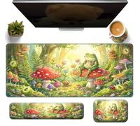 Large Gaming Mouse Pad + Memory Foam Ergonomic Keyboard Wrist Rest Support + Wrist Rest + Coaster, Green Desk Decor Mat, Stitched Edge Non Slip Desk Mat 4PC for Office & Home, Cute Frog Kawaii