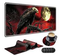 Large Gaming Mouse Pad Plus a Coasters + Cable Clips, Dark Eagle Moon Extended Mousepad (31.5 x 11.8) with Stitched Edge, Foldable Computer Keyboard Desktop Mouse Mat for Home Office