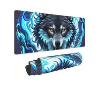 Large Gaming Mouse Pad Wolf Head in Blue Flames Desk Mat Protector for Desktop Mousepad Waterproof Writing Pads with Anti-Slip Rubber Base Keyboard Pad for Gamer Office Home 31.5" x 12"
