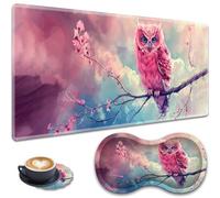 Large Gaming Mouse Pad + Wrist Rest + Lace Coaster Non-Slip Set, with Sewn Edges and Waterproof Expandable Desktop Pad, Suitable for Office/Home, Pink Owl on Branches