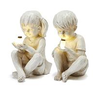 Large Garden Children Statues Light Up Firefly Jar Solar Powered | Set of 2 Figurines | Girl & Boy Garden Yard Art Décor, Indoor & Outdoor Ornament Gifts for Lawn, Patio, 7.5" W x11.8”H Cream