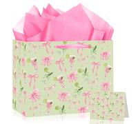 Large Gift Bag for Women, Preppy Pink Bow and Cocktail Present Bag with Tissue Paper & Greeting Card, Cute Birthday Wrapping Favour Bags for Girls Hen Do Bridal Shower Her (30x24x13.5cm)