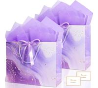 Large Gift Bags for Presents, 2PCS 13" Purple Gold Paper Gift Bag with Tissue Paper Greeting Card and Bow Ribbon, Present Party Bags for Birthday Wedding Bridal Baby Shower Graduation Holiday Easter