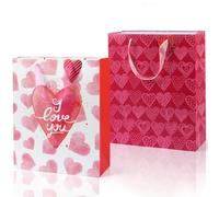 Large Gift Bags for Presents, 2Pcs 13” Red Pink Heart Paper Gift Bags with Tissue Paper Handles, Paper Present Bag for Girls Women Birthday Wedding Baby Shower Valentines Mother's Day, 32x26x10cm