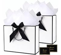 Large Gift Bags for Presents, 2PCS White Black Paper Gift Bags with Tissue Paper Handles Bow Ribbon and Greeting Card, White Present Bags for Birthday Wedding Baby Shower Christmas Party, 32x25x11cm