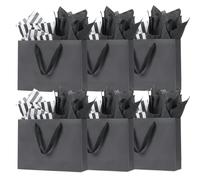 Large Gift Bags for Presents, 6 Pack 12'' Black Paper Bags with Tissue Paper for Shopping Graduation Birthday Bridal Wedding Christmas Party