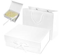 Large Gift Box, 31 x 22 x 10 cm Luxury Gift Boxes with Lids Ribbon Shredded Paper and Paper Gift Bag Jewellery Gift Boxes for Wedding Birthday Anniversaries Valentines Day Presents (White)