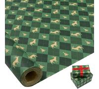 Large Gift Wrapping Paper Roll: 76cm * 15m Recyclable Green Christmas Kraft Wrapping Paper Print with Elk and Tree for Christmas, Birthday, Wedding Festival Present Decorations
