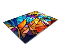 Large Glass Chopping Board | Glass Worktop Savers for Kitchen | Glass Cutting Board | Blue Red Yellow Green Stained Glass Mosaic Pattern Geometric
