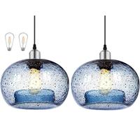 Large Glass Pendant Light for Kitchen Island, Blue Glass Pendant Hanging Light fixtures with Extra 2 Bulbs, Adjustable 1.5m Cord Modern Pendant Lighting for Hotel Restaurant and Home (23cm, 2-Pack)