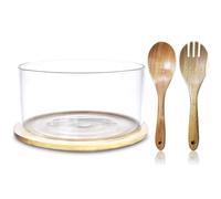 Large Glass Salad Bowl | 9" | 135oz-Centerpiece Serving Bowl with Dual Function Bamboo Lid- Extra Large Mixing Bowl with Wooden Spoon for Salads, Dessert, Fruit, Punch, Microwave & Dishwasher Safe