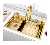 Large Gold Kitchen Sink with Waterfall Pull-Down Faucet Drinking Water Tap Dishwasher Compatible Single Bowl 304 Stainless Steel Sink (Size: 80x45cm)