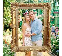 Large Gold Mirror Photo Booth Backdrop Fabric Hanging Banner Decorative Prop for Wedding Birthday Tea Party Wall Background Realistic Vintage Ornate Frame Design Not A Real Mirror Photography Banner