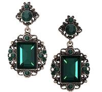 LARGE Gold Tone Art Deco Antique Vintage Retro Victorian Style Dark Hunter Green Emerald Rhinestone Bridal Bridesmaid Wedding Drag Queen Prom Statement Dangle Earrings