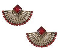 Large Gold Tone Ruby Red Art Deco Antique Vintage Retro Style Flapper Fan Rhinestone Wedding Bridal Prom Statement Earrings