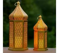 Large Golden Tower Temple Moroccan Lantern Lamp Decorative Candle Holders for Ramadan Decorations, Hanging, Outdoor Patio or Porch, Indoor Home Decor, Gold, Set of 2