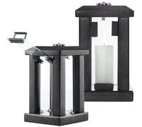 Large Granite Candle Lantern With Flower Decor - H 22.6" (32cm) Polished Black Stone - Heavy & Elegant Indoor or Outdoor Lantern, Versatile Use for Garden, Terrace, or Home - Square Modern Design