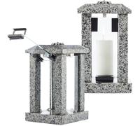 Large Granite Candle Lantern With Flower Decor - H 22.6" (32cm) Polished Grey Stone - Heavy & Elegant Indoor or Outdoor Lantern, Versatile Use for Garden, Terrace, or Home - Square Modern Design