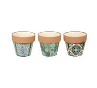 Large Green Plant Pot x1, Mediterranean Geometric Mandala Pot with Terracotta Rim - 3 Designs (Sold Individually) Bohemian Italian Tile Cactus Herb Succulent Rustic Houseplant Pot (Design 1 (Left))