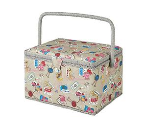 Large Grey Notions Sewing Box, Contemporary Multi-coloured Pattern Fabric, 23.5 x 31 x 20cm