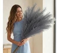 Large Grey Pampas Grass Artificial 116cm, Fluffy Faux Pampa Feathers 3 Stems, Tall Dried Plants for Floor Vase Living Room Bedroom Decor, Decorative Home Accessories Ornaments