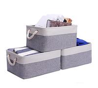 Large Grey White Storage Baskets, Canvas Storage Box for Wardrobe, Set of 3 Foldable Fabric Storage Boxes, Clothes Wardrobe Storage Baskets for Shelves (grey white, 41x31x21cm)