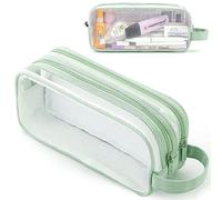 Large Grid Mesh Pencil Case 2 Compartments, Clear Pen Pencil Pouch with Zipper, Multifunction Transparent Stationery Bag for Student College Office Teen Boys Girls Makeup Bag for Adults Travel(Green)