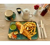 Large Haddock Chips Salad Lemon Mushy Peas or Curry Sauce and Hot Drink for Two