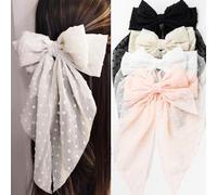 Large Hair Bows 4 PCS Ribbon Bow for Women,Hair Bows for Women,Hair Ribbons,Oversized Long-tail Cute Aesthetic Hair Accessories,Large Hair Barrettes for Women（Beige, light pink, white, black）
