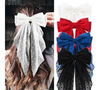 Large Hair Bows for Women,CEELGON 4 PCS Big Bow Clips for Girls French Barrette Bowknot with Long Tail for Women(White,Navy Blue, Red,Black)