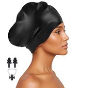 Large Hair Swim Cap for Women Men, Silicone Swimming Cap for Dreadlocks, Weaves, Hair Extensions, Braids with Ear Plugs Nose Clip Set, Waterproof Swim Hats Bathing Caps to Keep Hair Dry