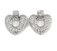 Large Hammered Heart Drop Clip On Earrings/Silver Tone/60mm L