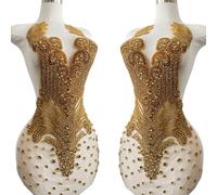 Large Handmade Beaded Crystal Patches Bodice Glass Rhinestone Applique Designs for Prom Formal Dress (Gold)