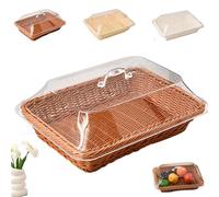Large Handwoven Rattan-Style Bread Basket with Clear Acrylic Lid, Hand Woven Imitation Rattan Food Cover, Woven Wicker Bread Basket for Serving Snacks, Fruits And Vegetables. (BROWN,L)