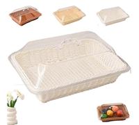 Large Handwoven Rattan-Style Bread Basket with Clear Acrylic Lid, Hand Woven Imitation Rattan Food Cover, Woven Wicker Bread Basket for Serving Snacks, Fruits And Vegetables. (WHITE,M)