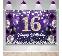 Large Happy 16th Birthday Backdrop Banner Purple Theme Decor with Shiny Diamond Noble Elegant Birthday Party Photo Photography Prop Booth Background for Boys Girls Celebration 98.4x65in-BECKTEN
