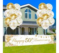 Large Happy Anniversary Decorations, White Gold 50th Anniversary Banner & Balloon Set, Happy Anniversary Banner, with 1 Banner & 18 Balloons, Party Supplies | Outdoor & Indoor Use 98.4 x 17.7 inches