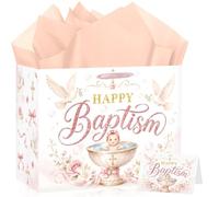 Large Happy Baptism Birthday Gift Bag, Elegant Religious Christening Wrapping Paper Bag, Baby Shower Decoration Gift Bag with Ribbon Handle and Greeting Card for Infant Baptism Celebration Supplies