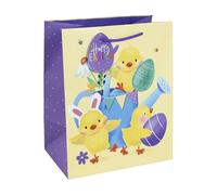 Large Happy Easter Gift Bag Chicks in Watering Can with decorated Eggs 13x10.5"