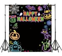 Large Happy Halloween Backdrop Neon Pumpkin Spooky Candy Portrait Photography Background for Kids Adults Halloween Birthday Party Banner Decorations (Black Purple)
