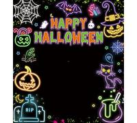Large Happy Halloween Photography Backdrop Neon Halloween Decorations Banner for Kids Adults Hallowmas Birthday Baby Shower Background Supplies (Black)