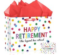 Large Happy Retirement Gift Bag with Red Tissue Paper and Card, Colorful Polka Dots Retired Gift Bags for Women Men Coworker Boss Farewell Party Decorations Office Leaving Party Gift Wrapping Supplies