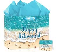 Large Happy Retirement Gift Bag with Tissue Paper and Card Beach Ocean Theme Retired Gift Bags for Women Men Coworker Boss Summer Seaside Wrapping Paper for Retirement Party Decor Farewell Supplies