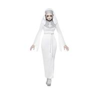 Smiffys Haunted Asylum Nun Costume, White with Dress, Belt & Headpiece, Halloween Adult Fancy Dress, Nun Dress Up Costumes