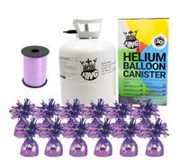 Large Helium Canister with Curling Ribbon and 12 Lavender Foil Balloon Weights