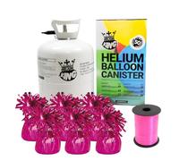 Large Helium Canister with Curling Ribbon and 6 Hot Pink Foil Balloon Weights