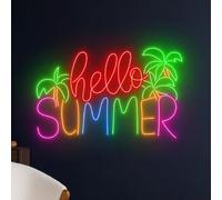 Large Hello Summer Neon Signs Powered by USB,Led Acrylic Dimmable and Reusable Neon Summer Bar Beer Light with a Hanging Chain for Bedroom Living Room Men Cave Bar Hotel Restaurant Office